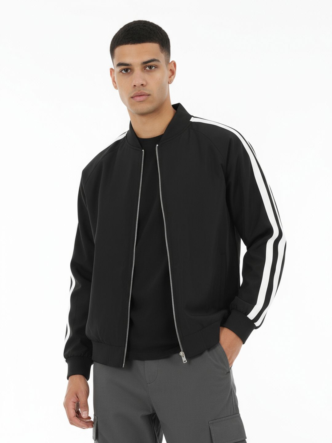 glitchez Stand Collar Bomber Jacket with Side Stripes