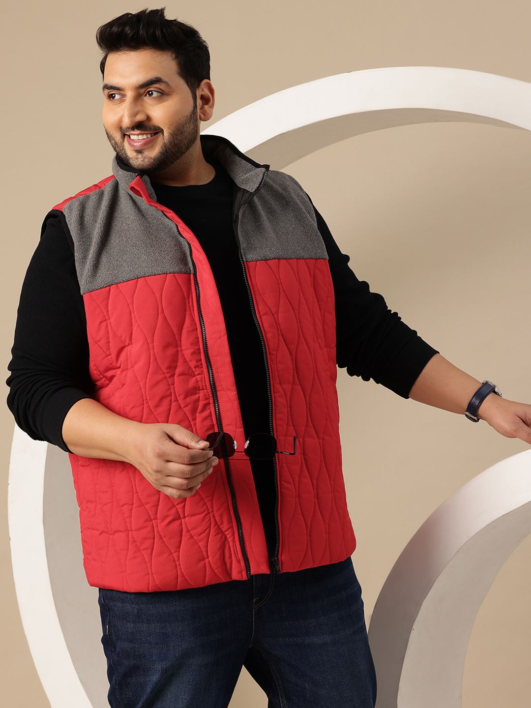 Sztori Plus Size Colourblocked Mock Collar Puffer Gilet Jacket