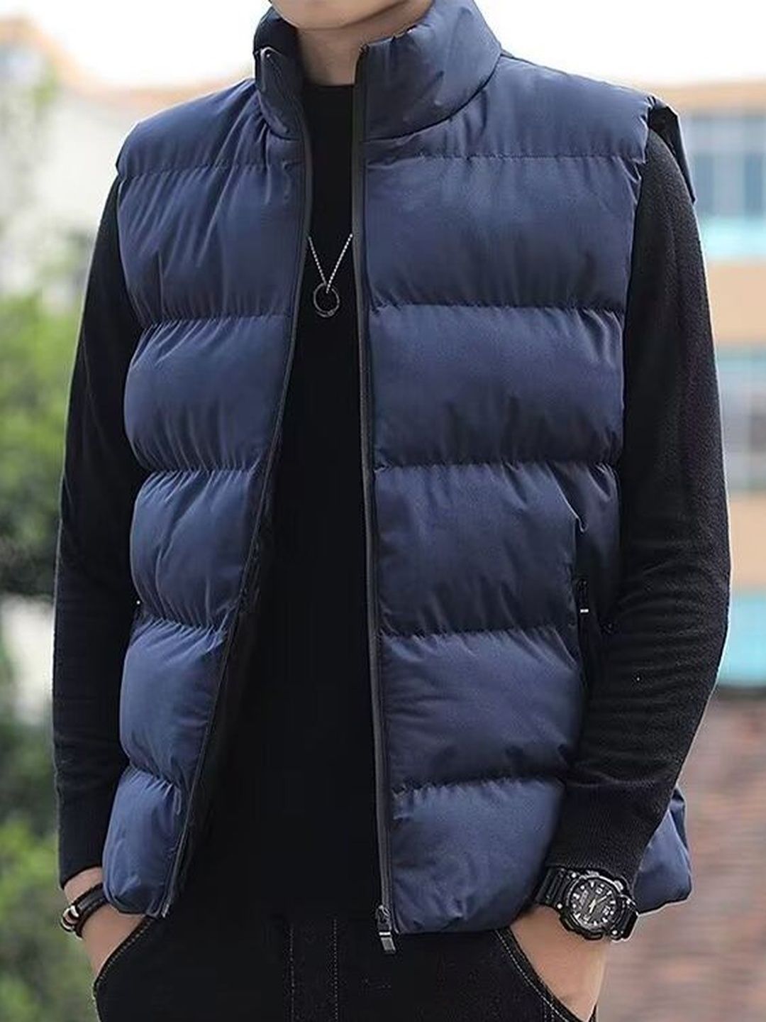 StyleCast x Revolte Men Stand Collar Sleeveless Open Front Jacket