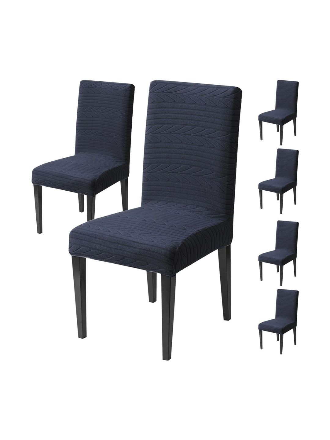 HOUSE OF QUIRK Set Of 6 Navy Blue Woven Design Jacquard 220 GSM Dining Seat Slipcover
