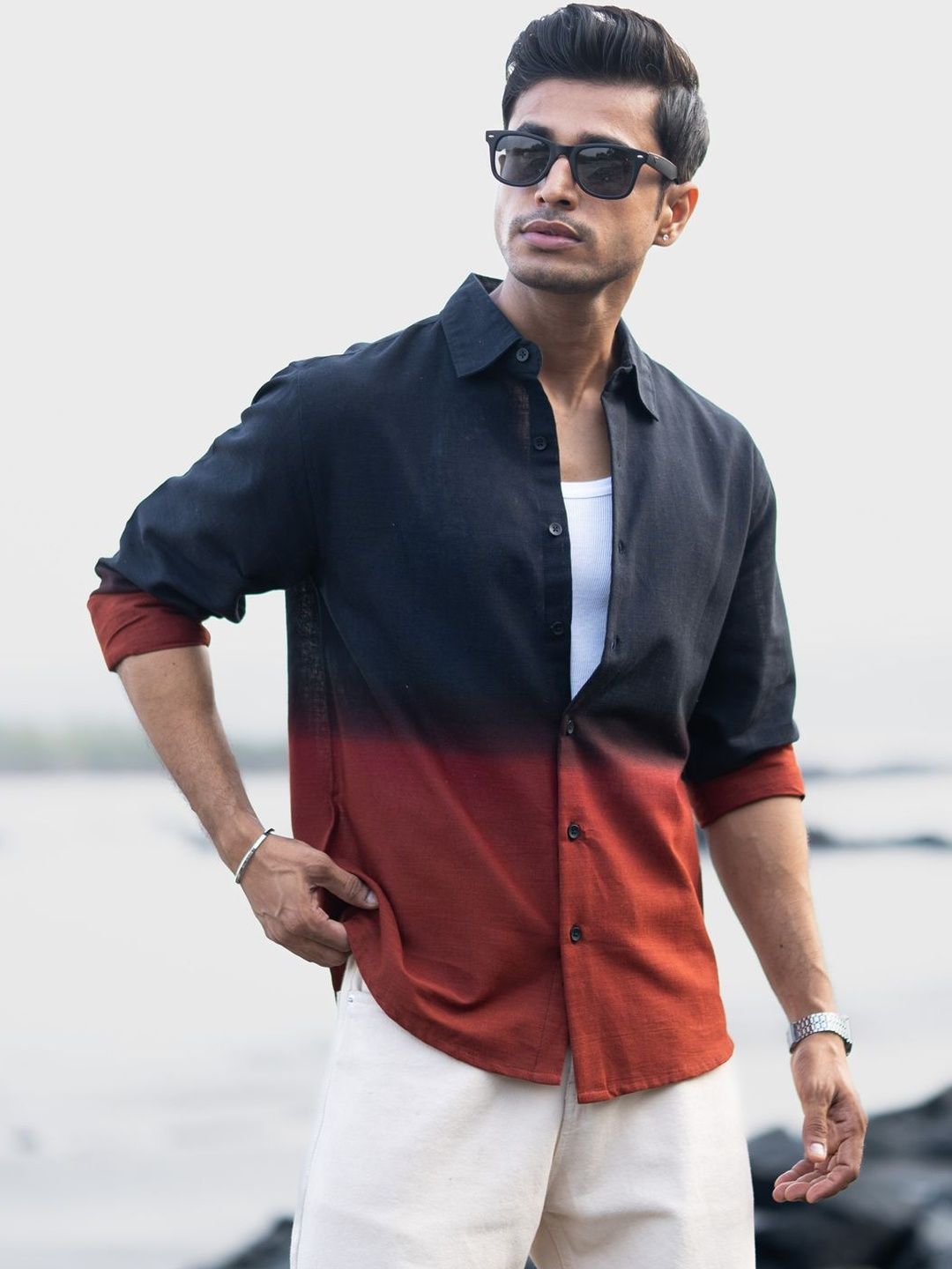 Powerlook Ombre Colourblocked Cotton Long Sleeves Shirt