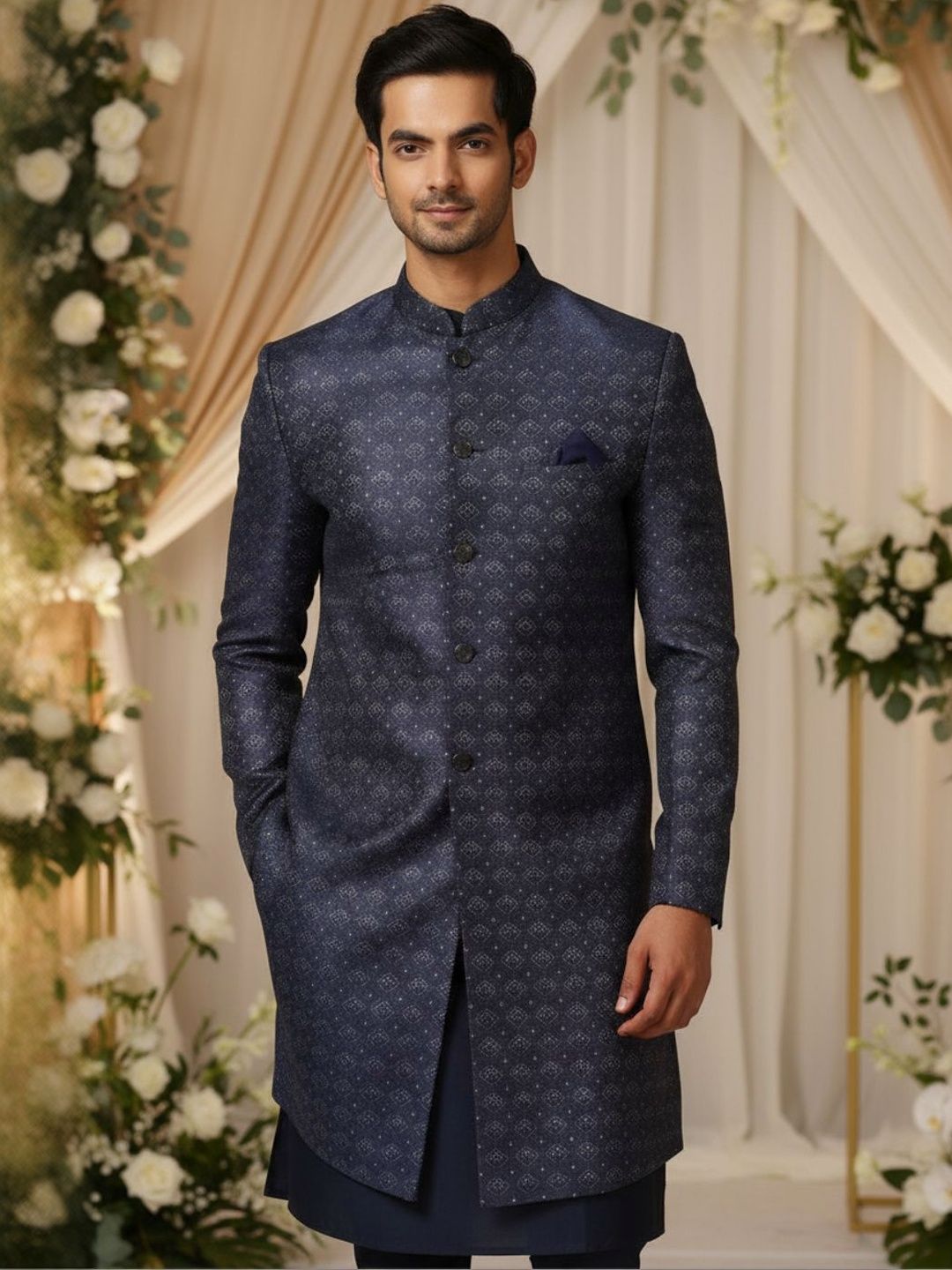 KISAH Men Woven Design Kurta Indowestern Sherwani Trouser Set