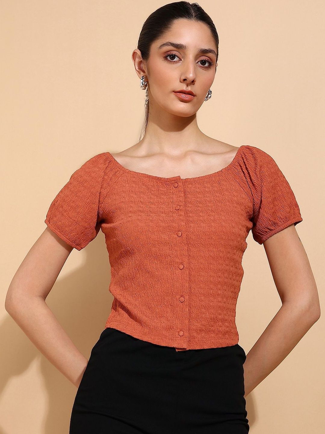 Mast & Harbour Mast & Harbour Round Neck Puff Sleeve Crop Top
