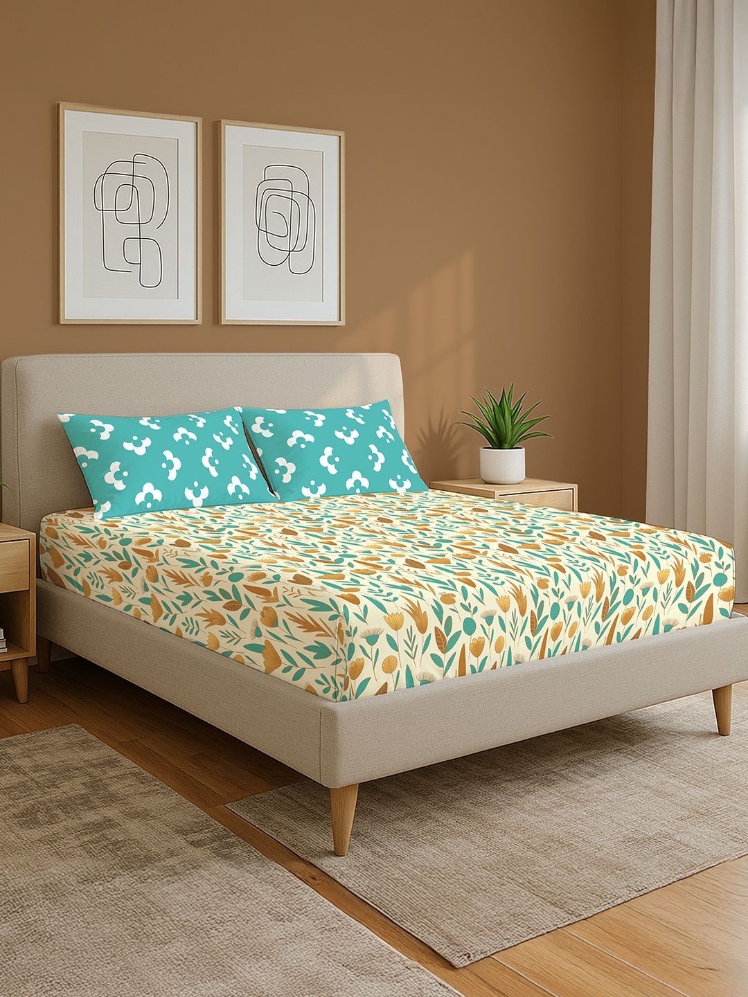 Teal & White Floral 144 Tc King Bedsheet With 2 Pillow Covers