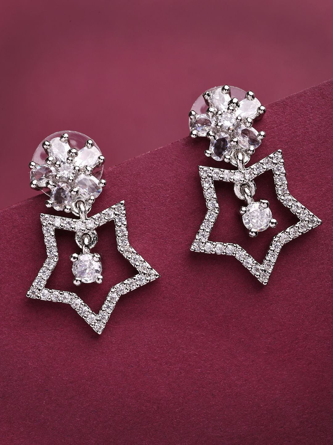ZENEME Rhodium Plated American Diamond Studded Star Shaped Drop Earrings