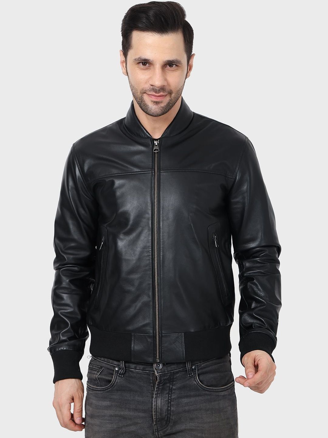 Justanned Stand Collar Leather Bomber Jacket