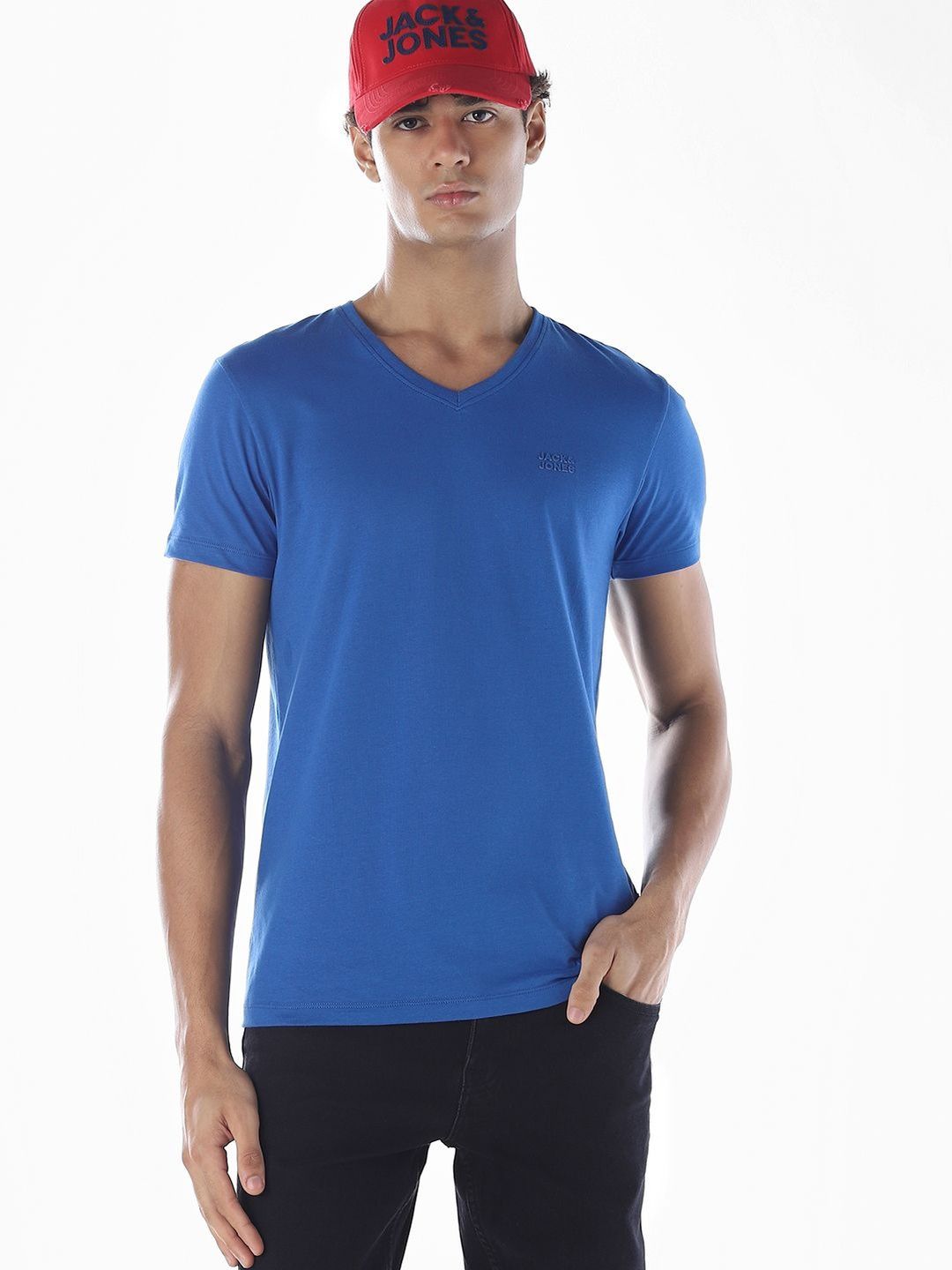 Jack & Jones Men Brand Logo V-Neck T-shirt