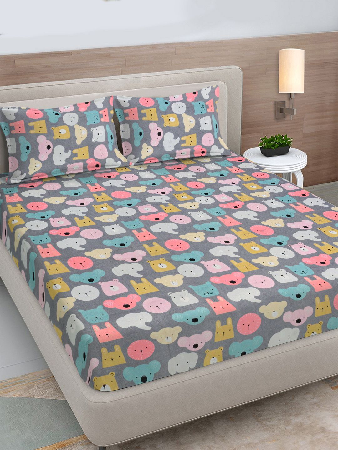 FABINALIV Blue Cartoon Print Polycotton 300 TC King Fine Bedsheet with 2 Pillow Covers