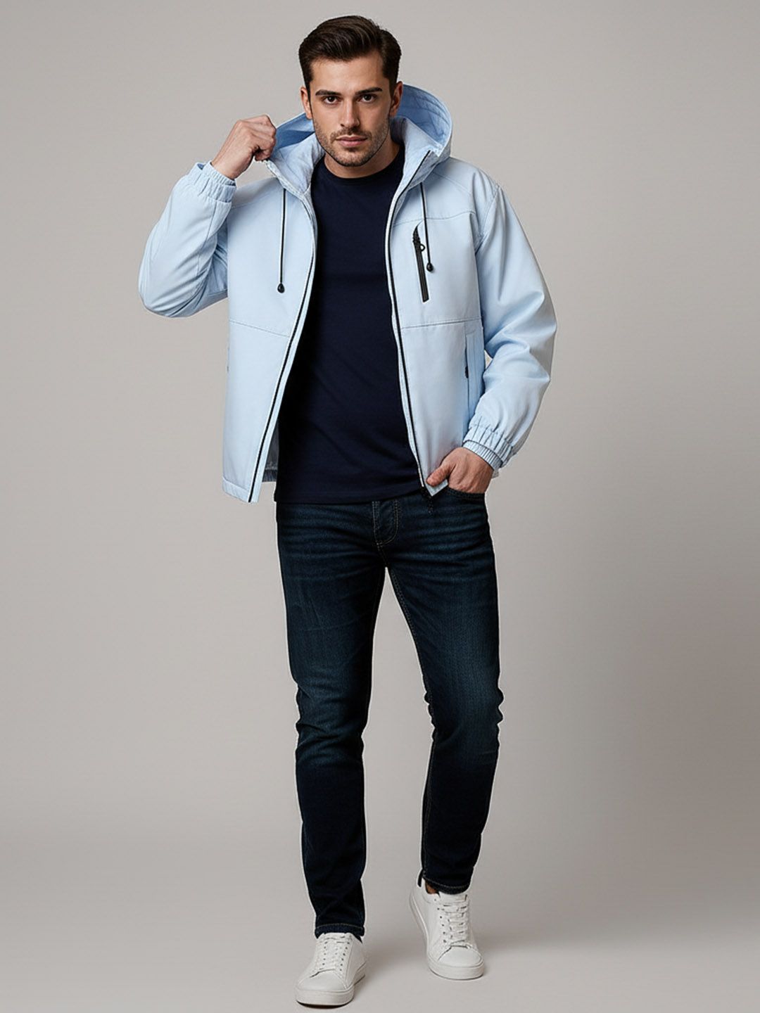 Mast & Harbour Men Hooded Solid Bomber Jacket