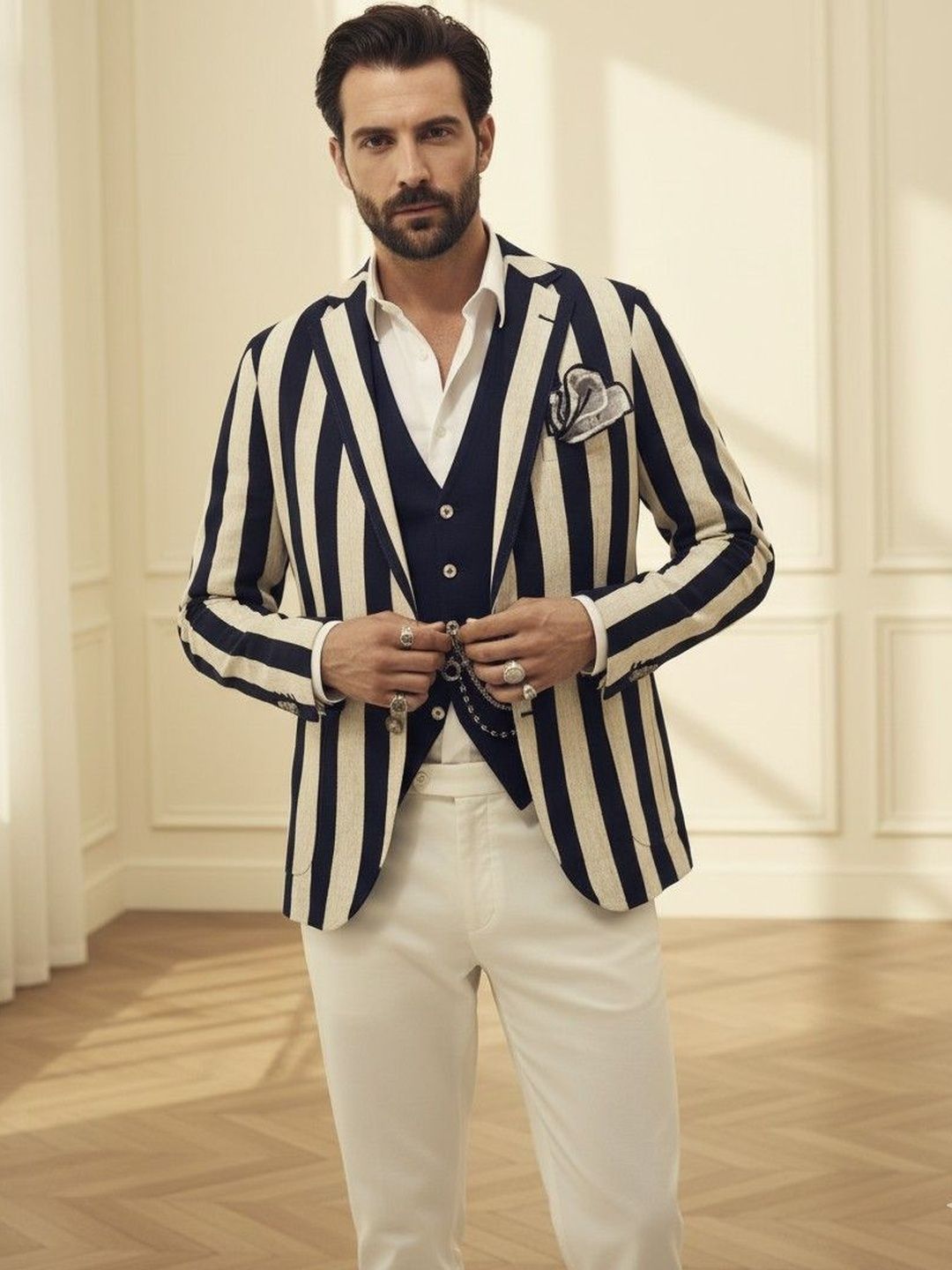INVICTUS Striped Notched Lapel Long Sleeves Single Breasted Blazer