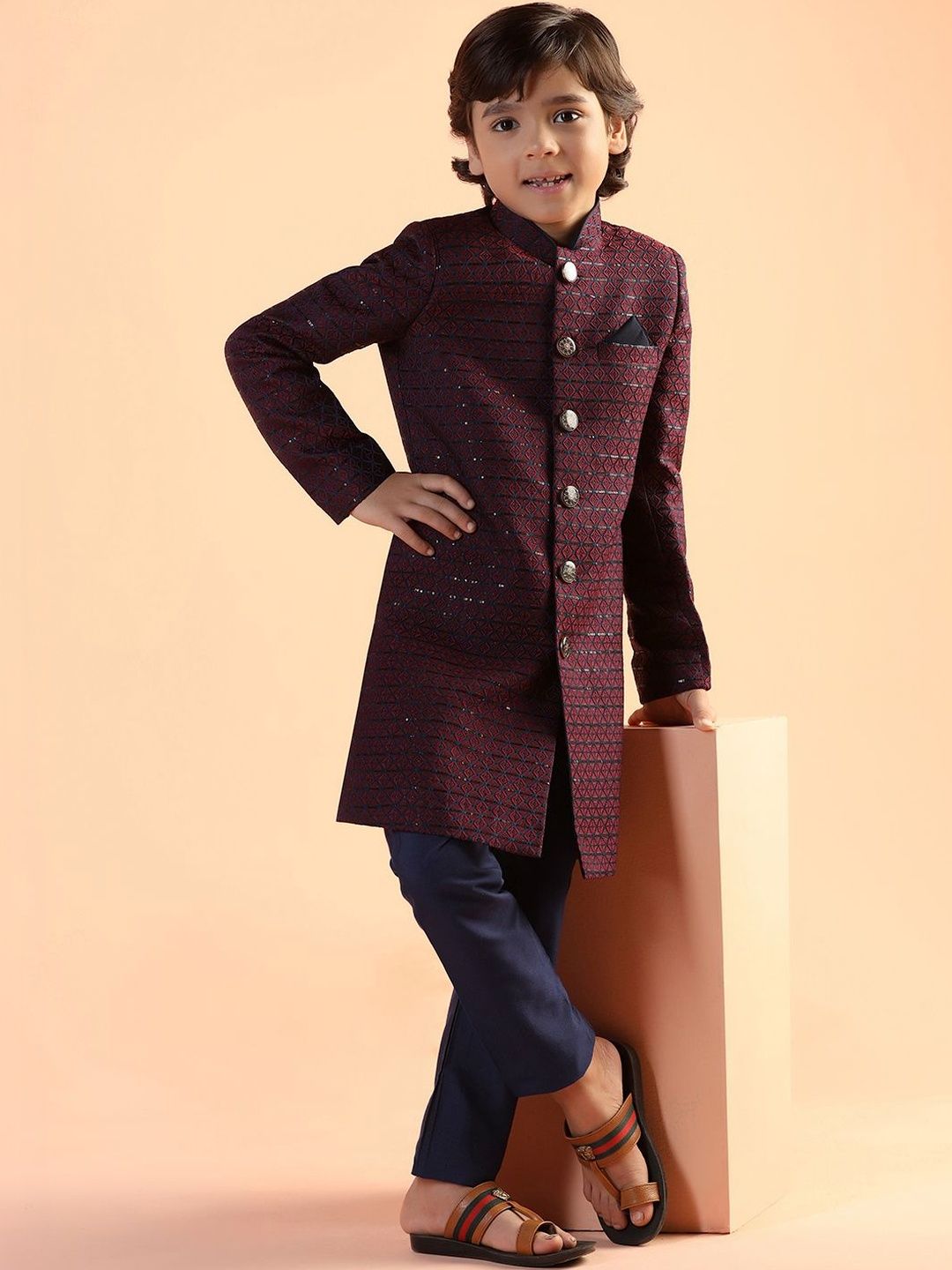 KISAH Boys Maroon Embroidered Indowestern Sherwani Pyjama Set