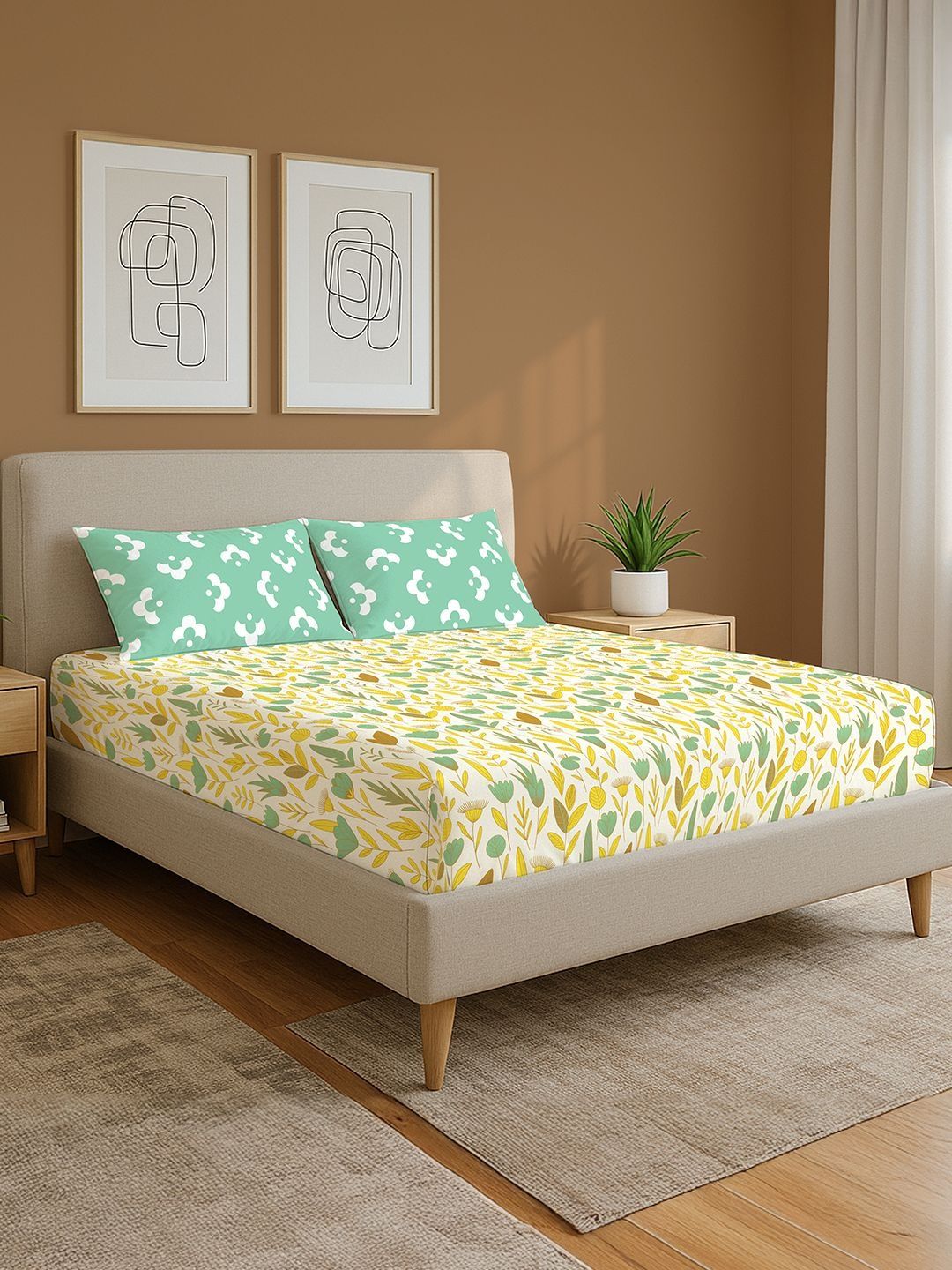 Green & White Floral 144 Tc King Bedsheet With 2 Pillow Covers