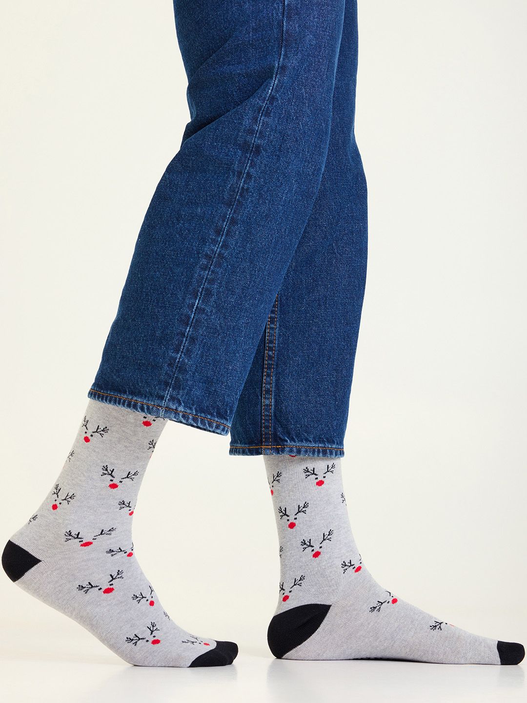 Mint & Oak Men Grey Melange Printed Socks