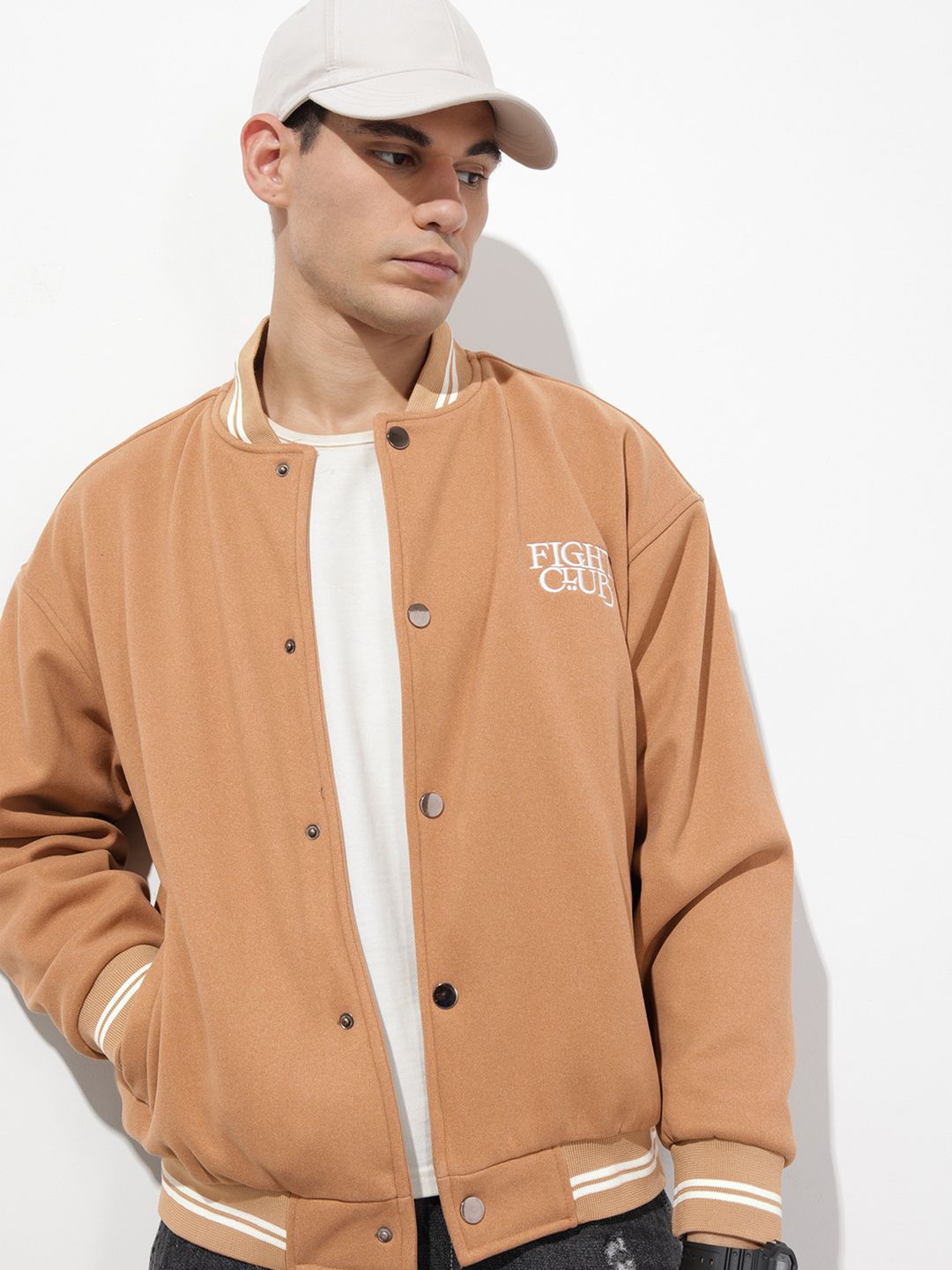 The Roadster Life Co. Stand Collar Typography Printed Varsity Jacket