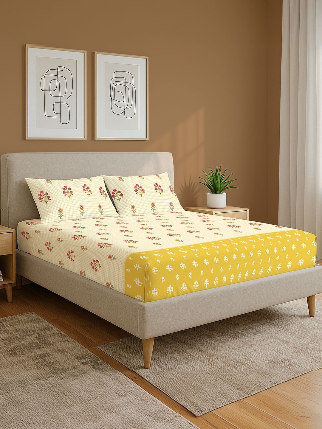URBAN SPACE Yellow & Pink Floral 144 TC King Bedsheet with 2 Pillow Covers