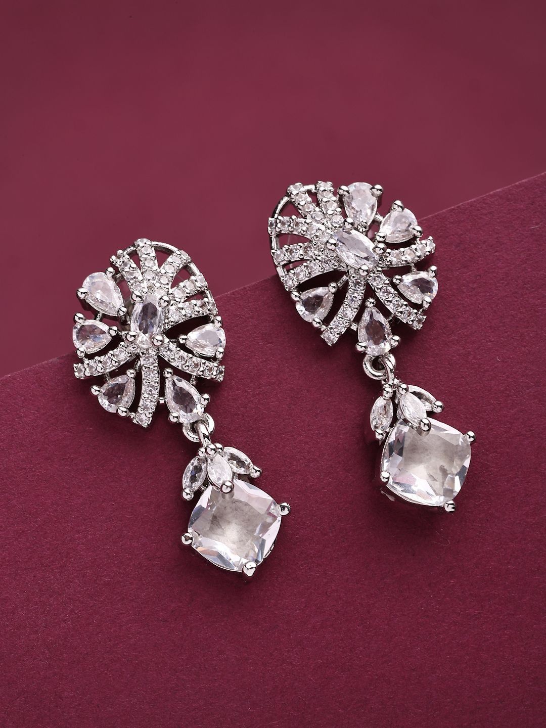 ZENEME Rhodium Plated American Diamond Studded Floral Shaped Drop Earrings