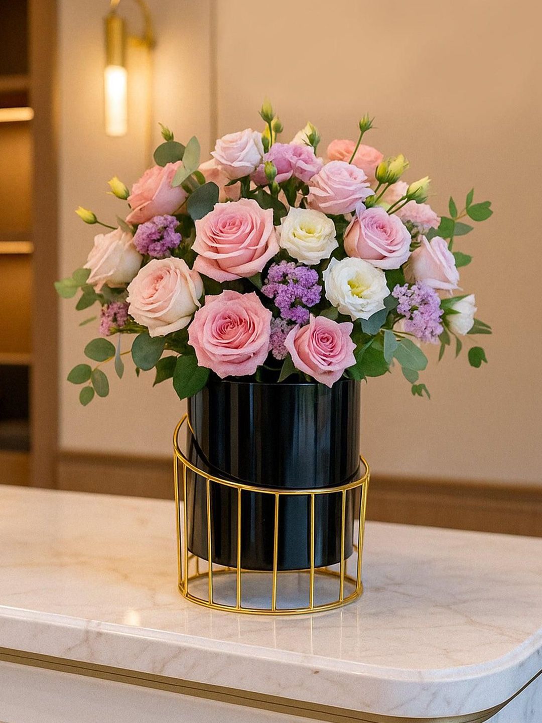 MARKET99 Black 24.50 cm Metal Planter with Golden Wire Stand Gloria Design