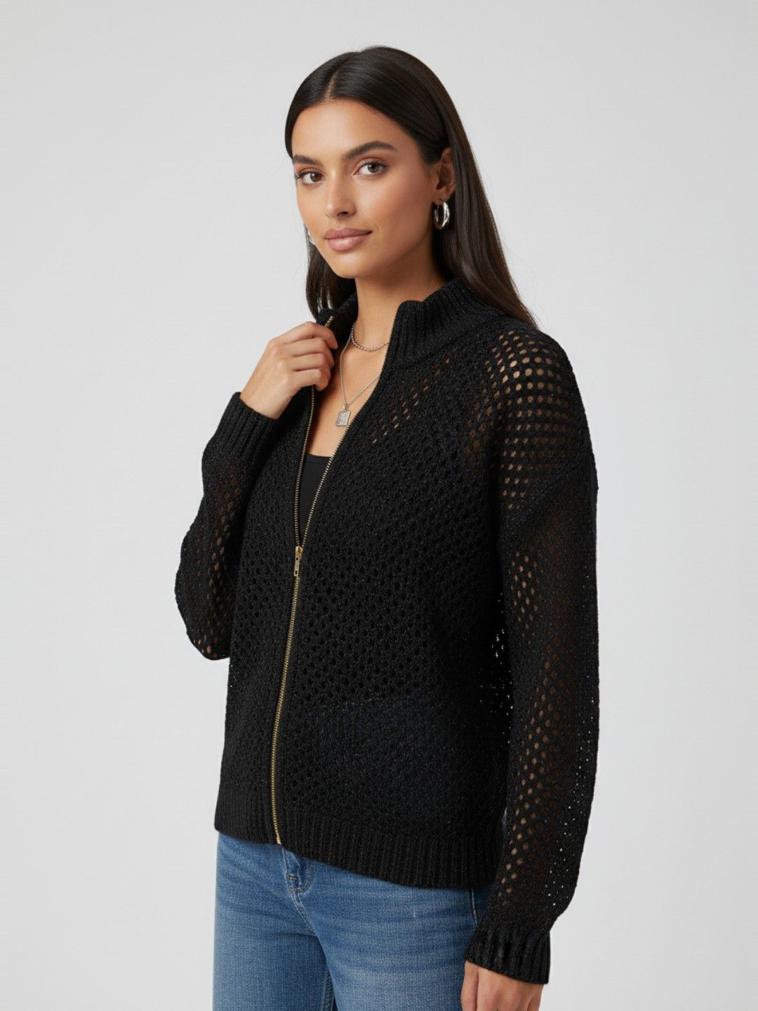 Buy glitchez Mock Collar Open-Knit Oversized Cardigan - Sweaters