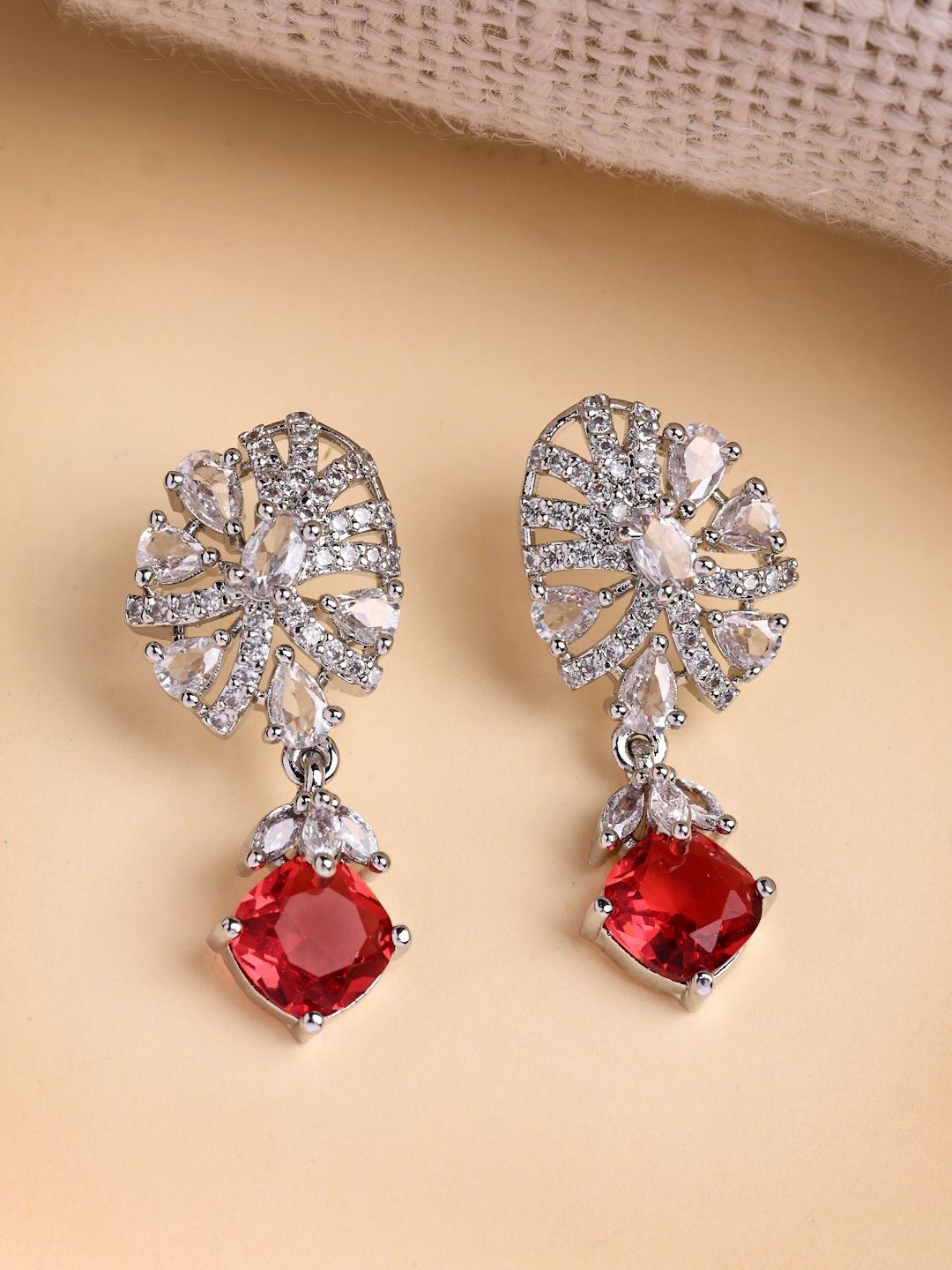 ZENEME Rhodium Plated American Diamond Studded Floral Shaped Drop Earrings