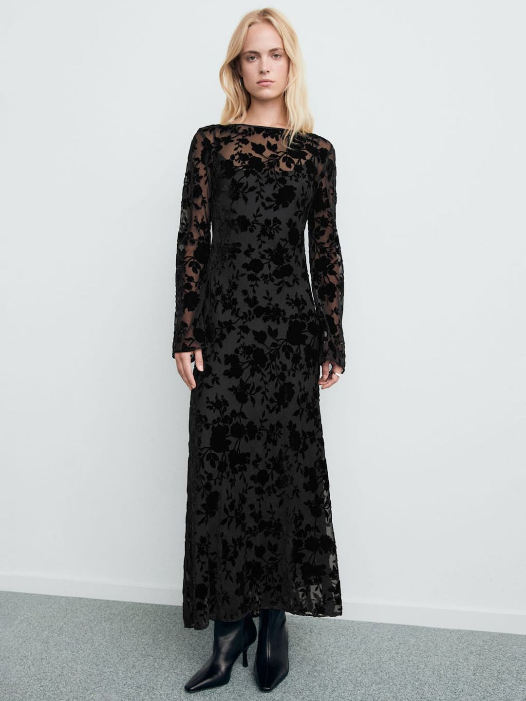 Floral Bell Sleeve Jacquard Maxi Dress