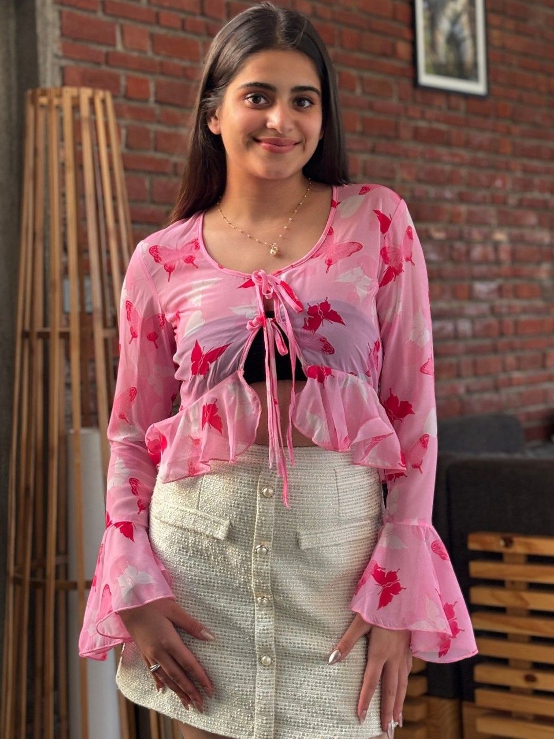 BAESD Animal Print Tie-Up Neck Bell Sleeve Ruffles Georgette Crop Top