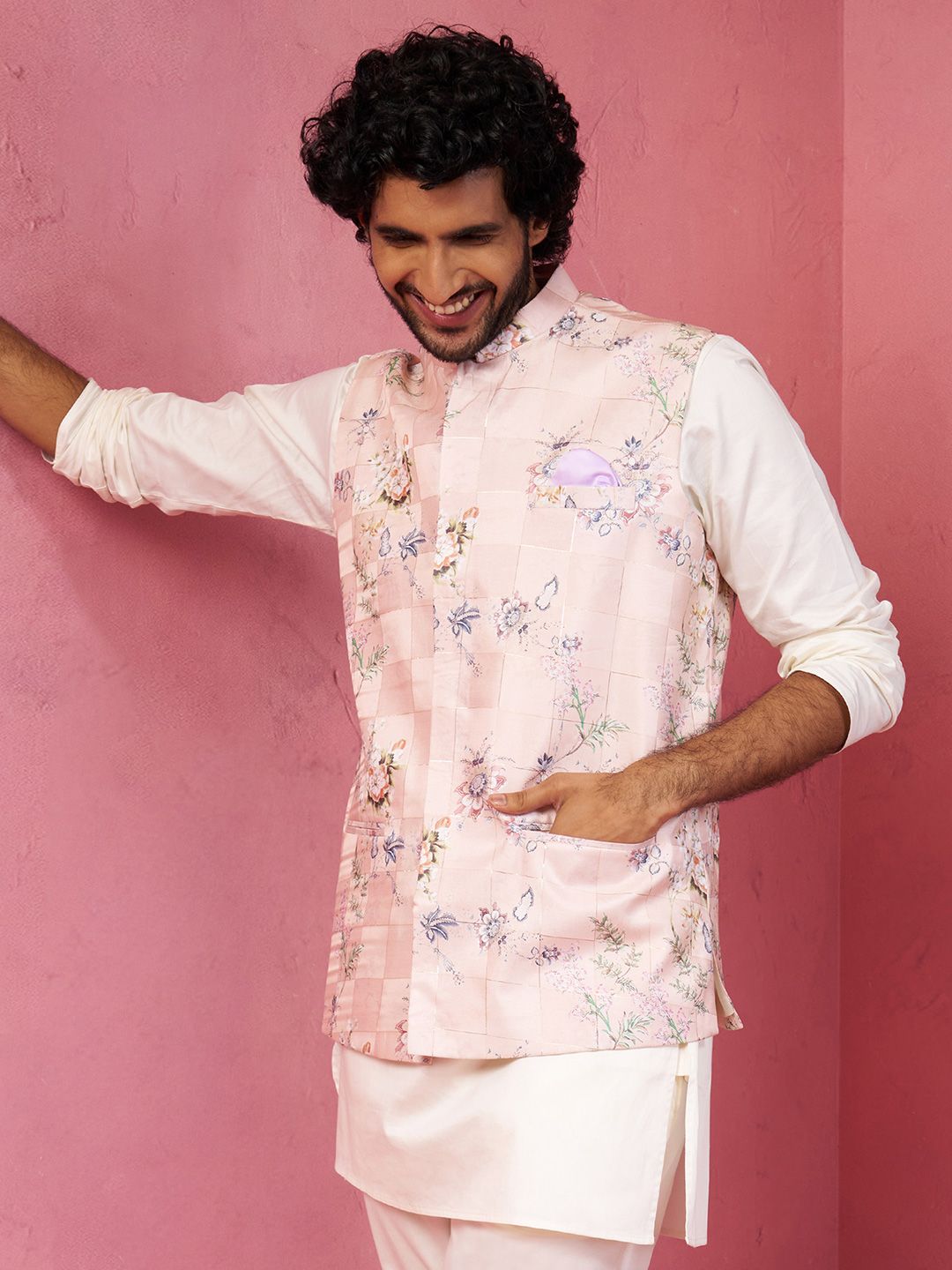 VASTRAMAY Men Peach Solid Cotton Blend Nehru Jacket