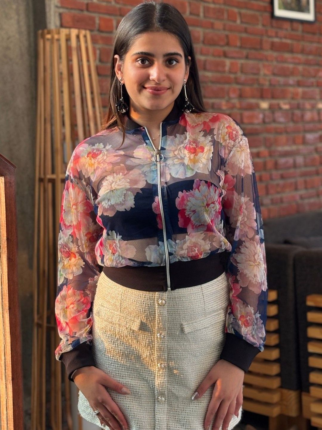 BAESD Floral Print Choker Neck Cotton Net Top