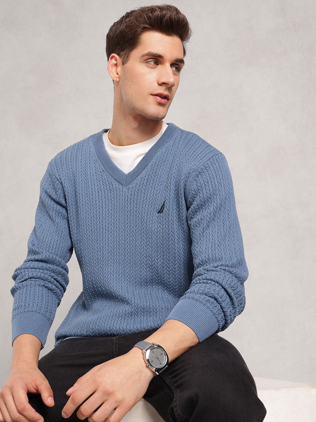 Nautica Cable Knit V-Neck Pure Cotton Sweaters