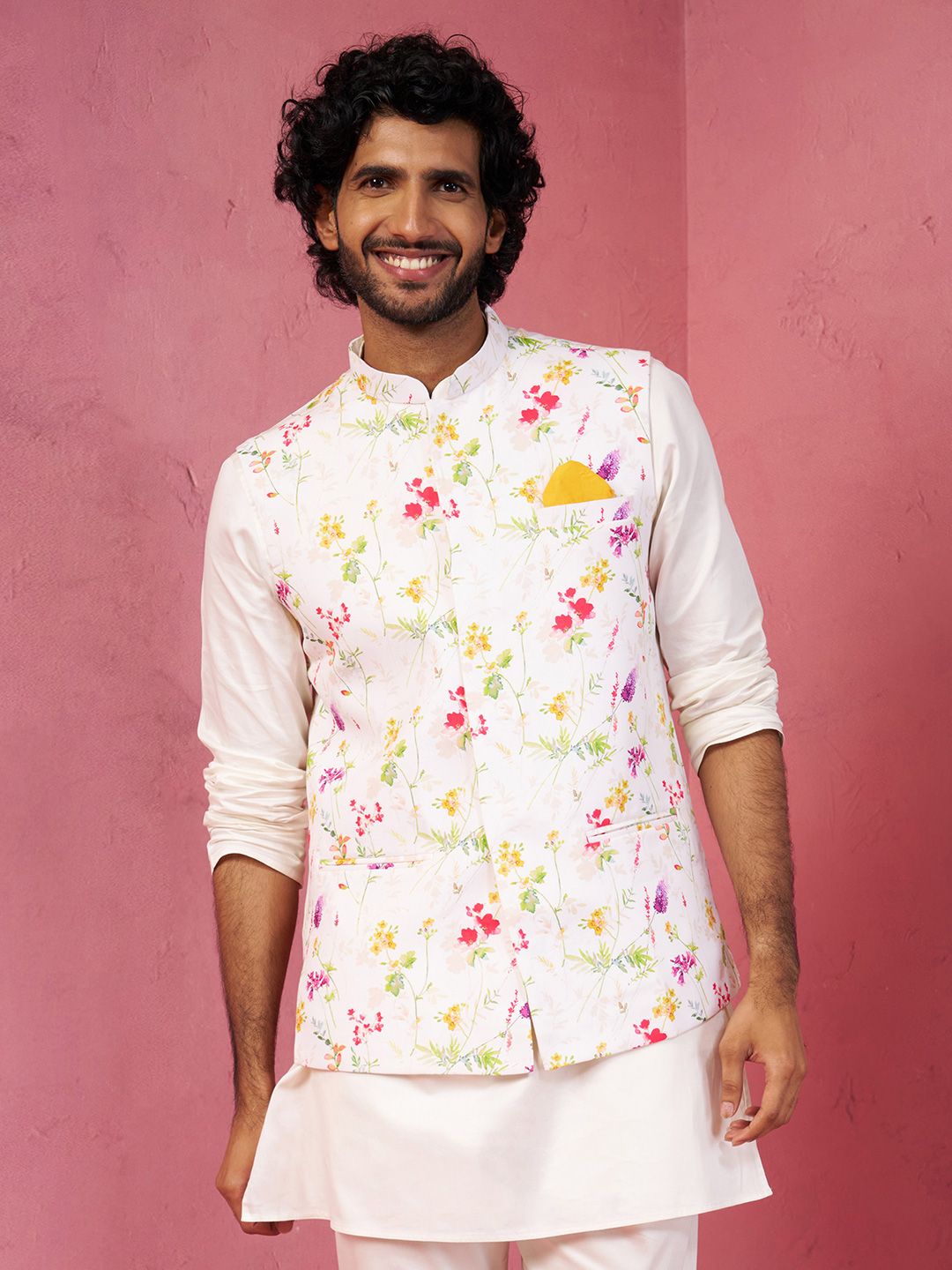 VASTRAMAY Men Cream Floral Printed Nehru Jacket