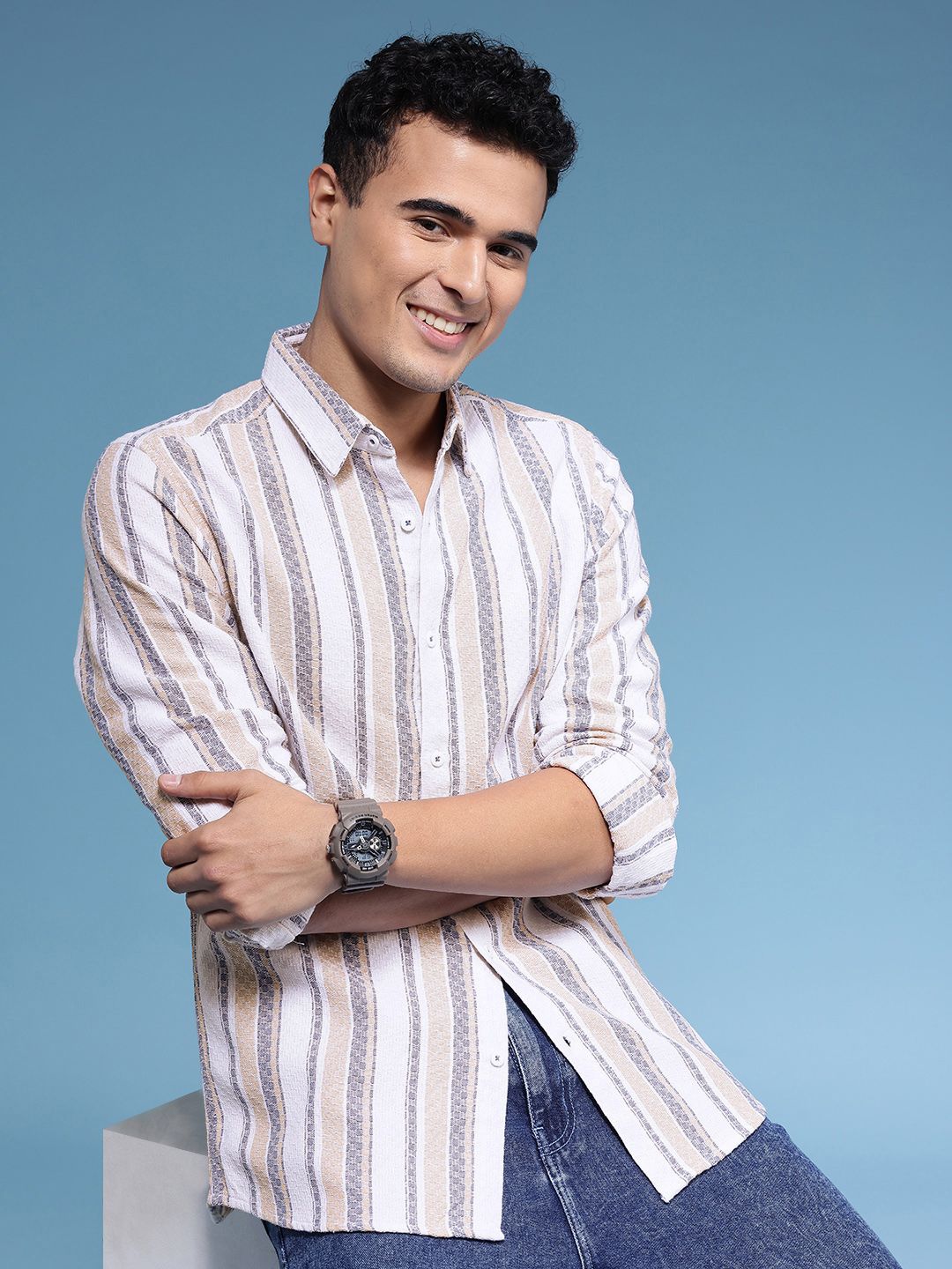 HERE&NOW Slim Fit Striped Pure Cotton Casual Shirt