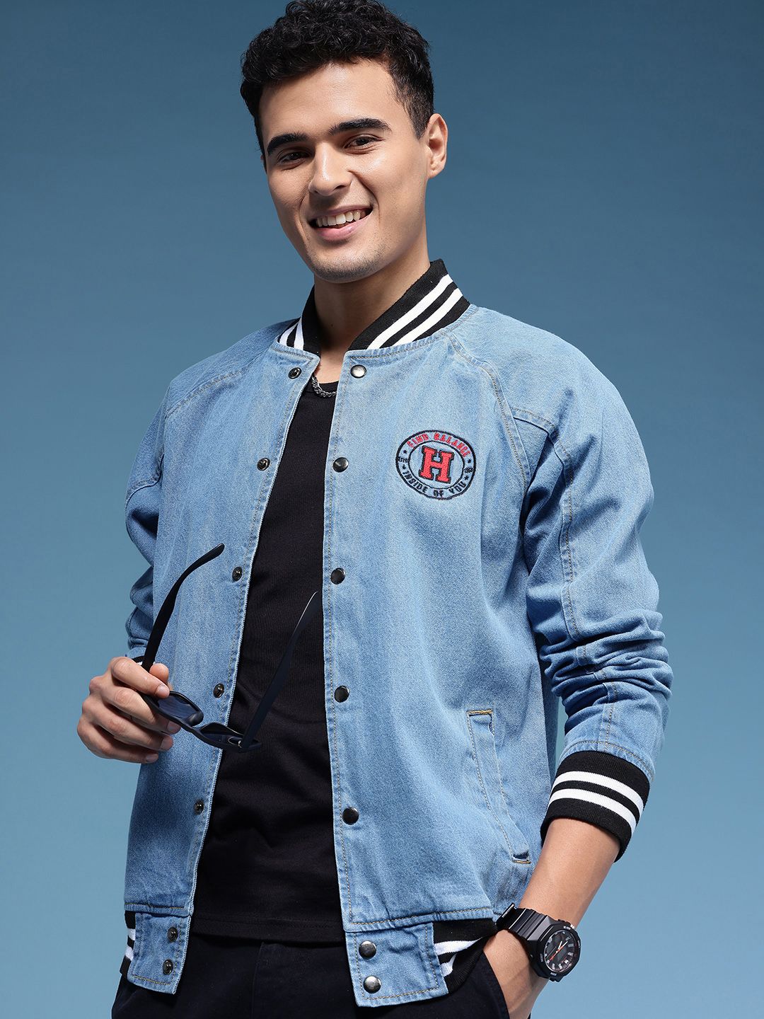 HERE&NOW Embroidered Pure Cotton Denim Bomber Jacket