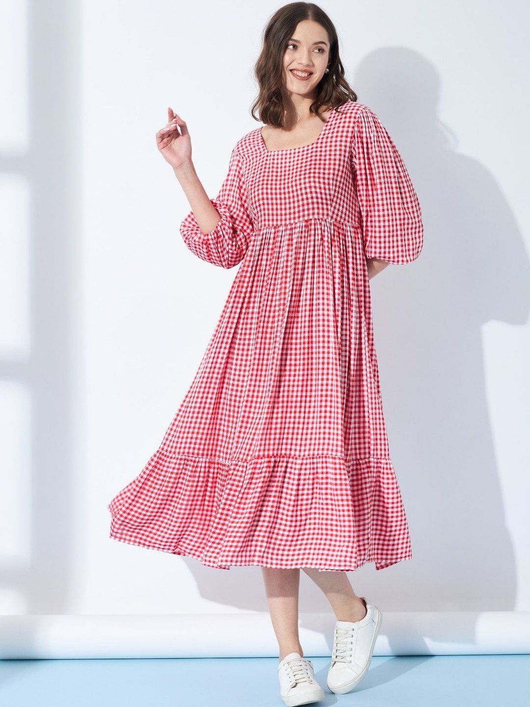 Burgstudio9 Checked Puff Sleeve Midi Dress