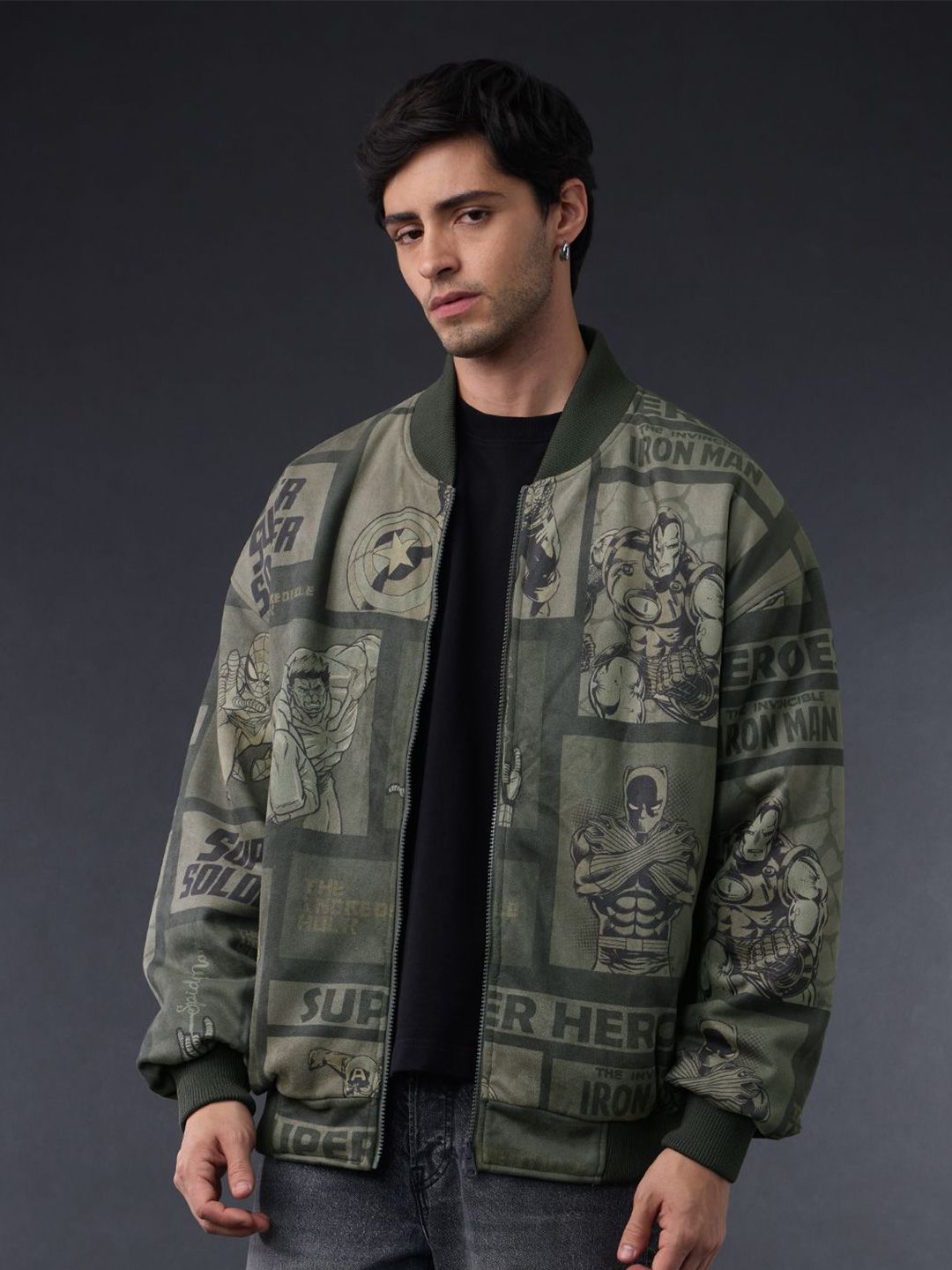 The Souled Store Men Regular Fit Marvel Printed Green Bomber Jackets