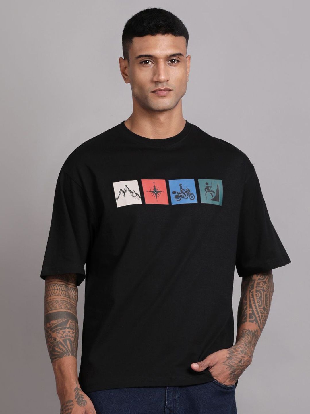 The Roadster Lifestyle Co. Graphic Printed Relaxed-Fit Drop Shoulder Pure Cotton T-Shirt