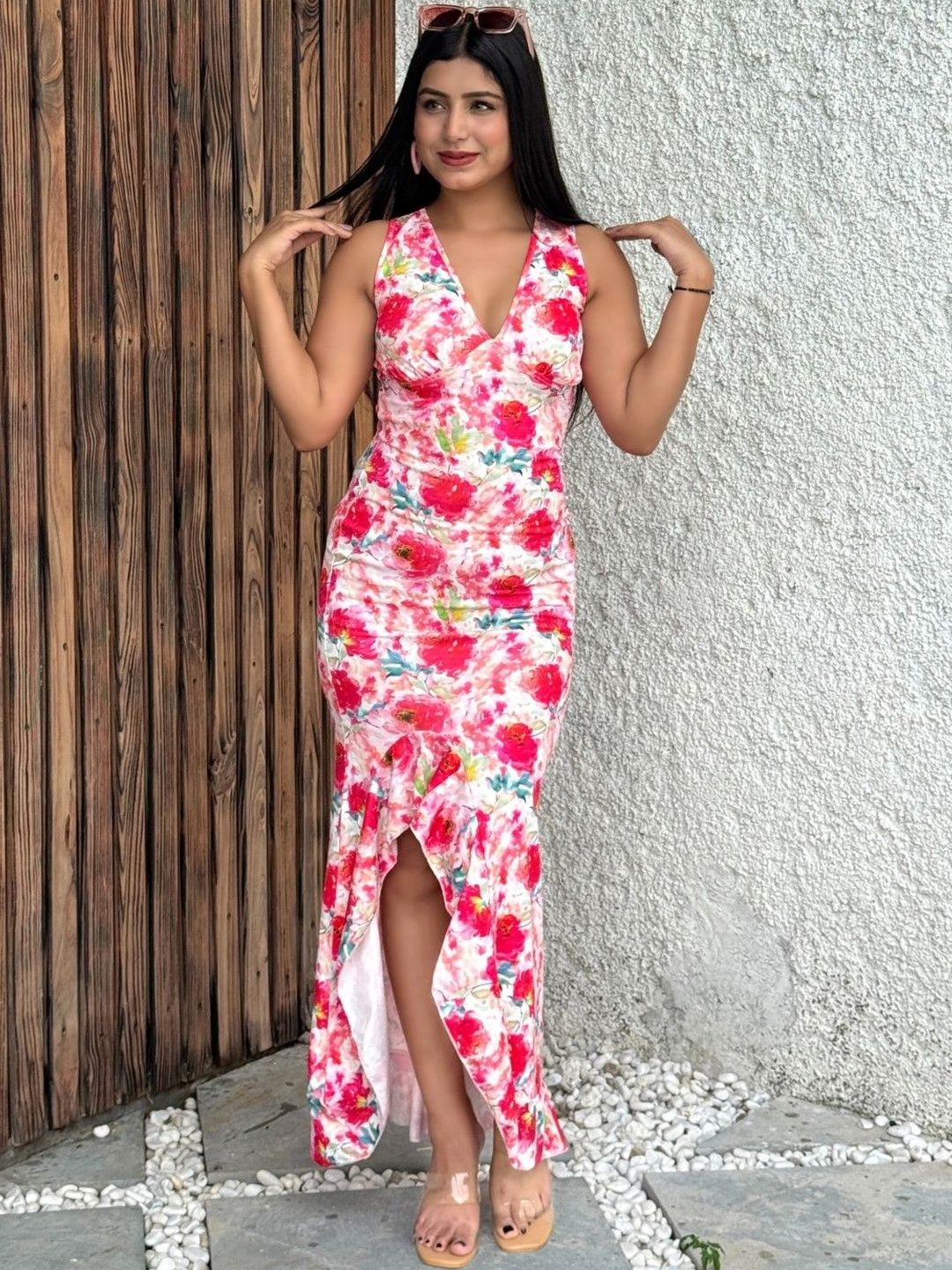 BAESD Floral Print Ruffled Bodycon Maxi Dress