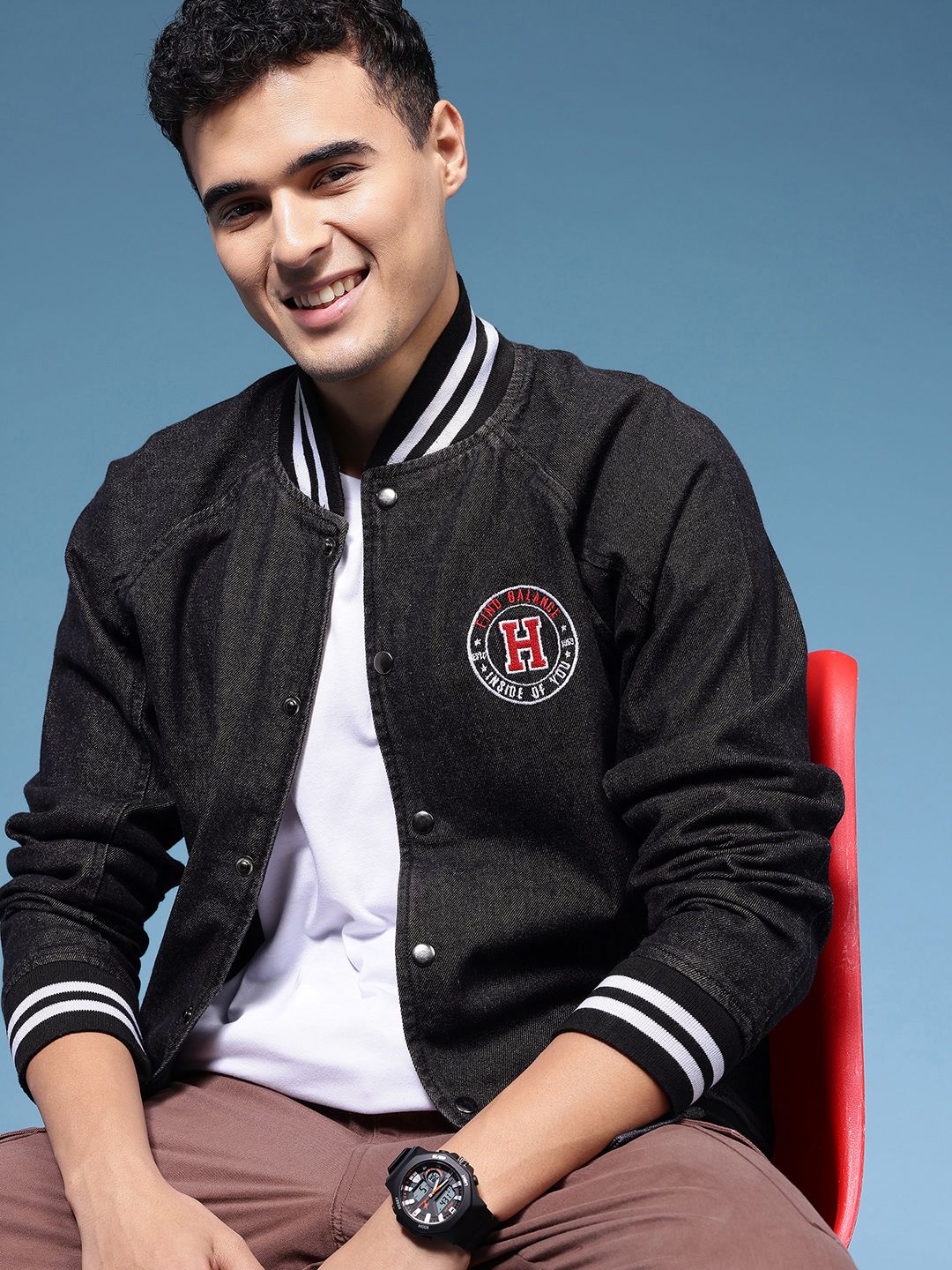 HERE&NOW Embroidered Pure Cotton Denim Bomber Jacket