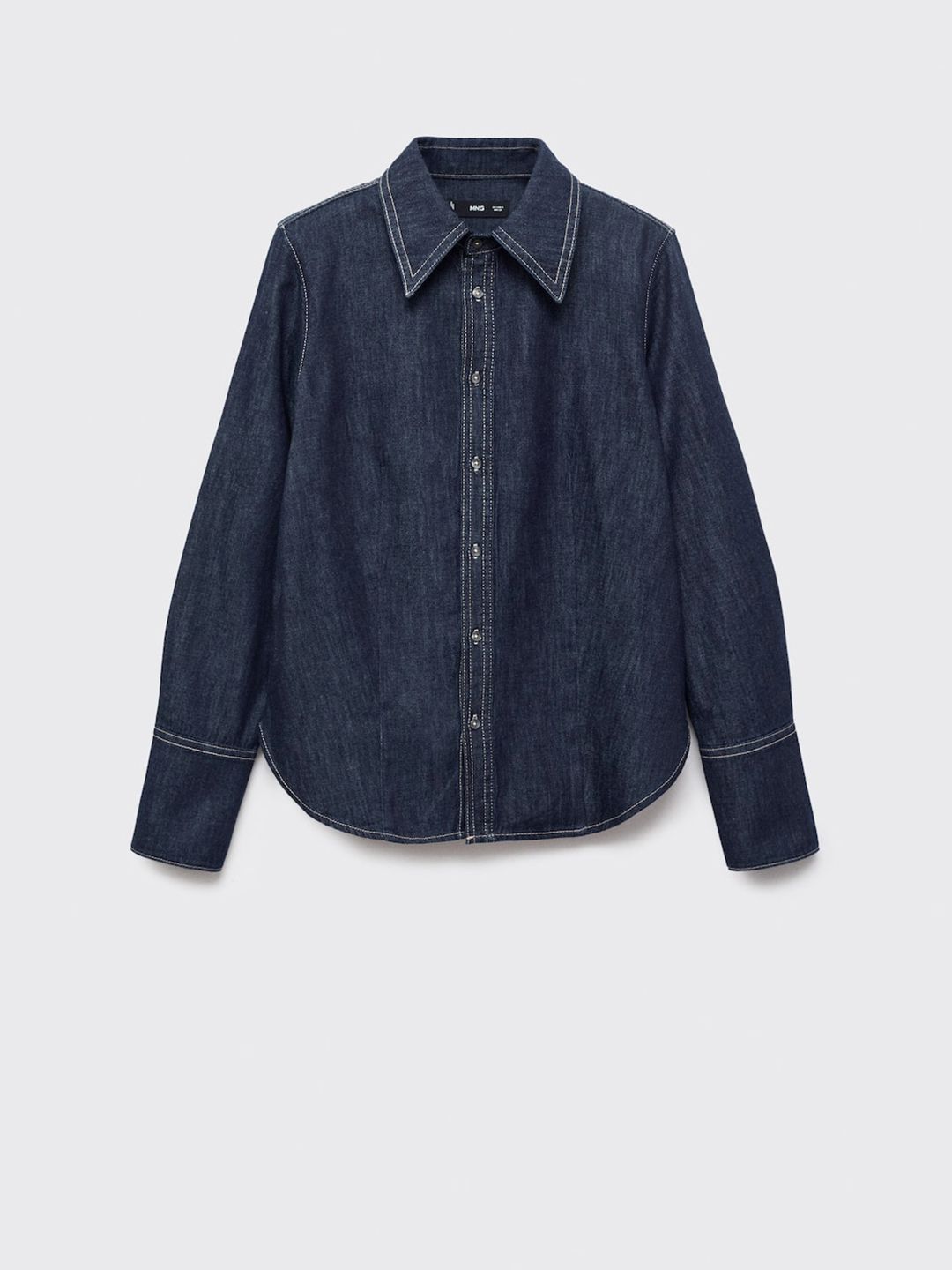 Spread Collar Casual Pure Cotton Denim Shirt with Seam Detail