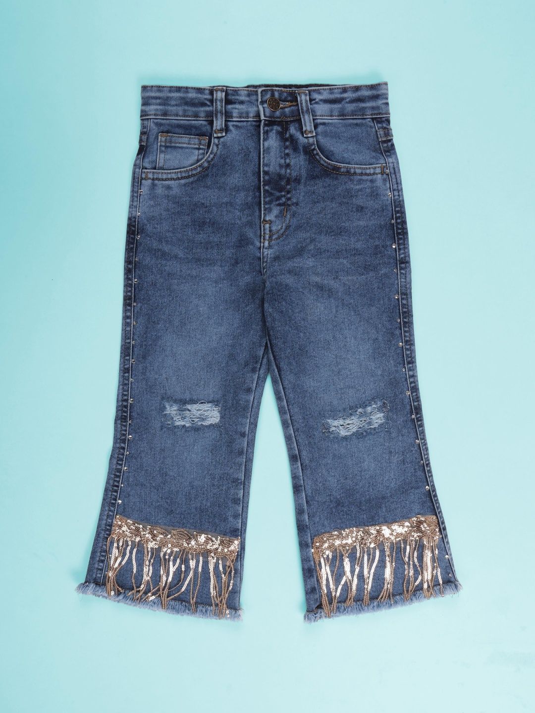 KiddoPanti Girls Regular Fit High-Rise Mildly Distressed Light Fade Embellished Stretchable Jeans
