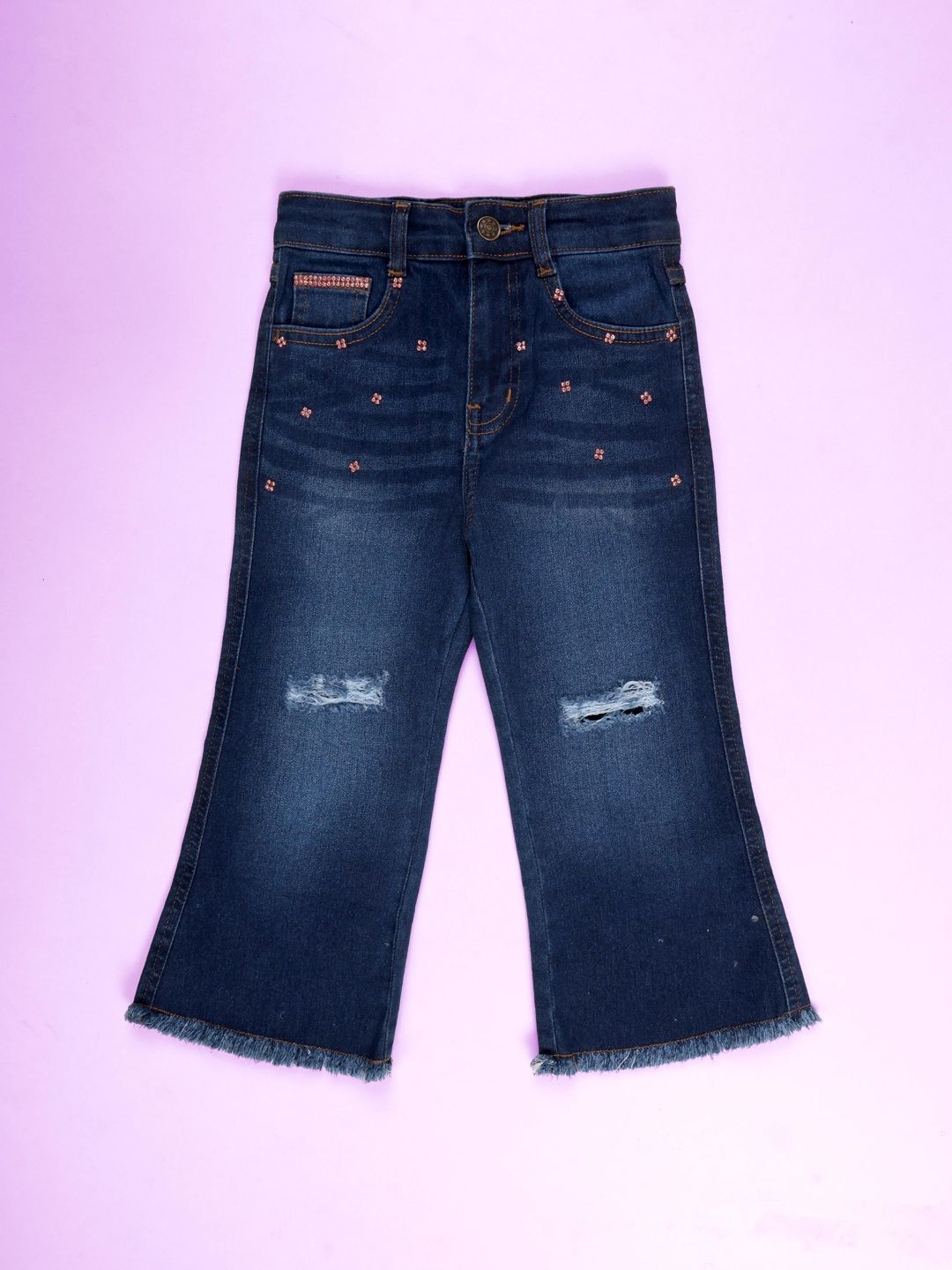 KiddoPanti Girls Regular Fit High-Rise Highly Distressed Light Fade Embellished Stretchable Jeans