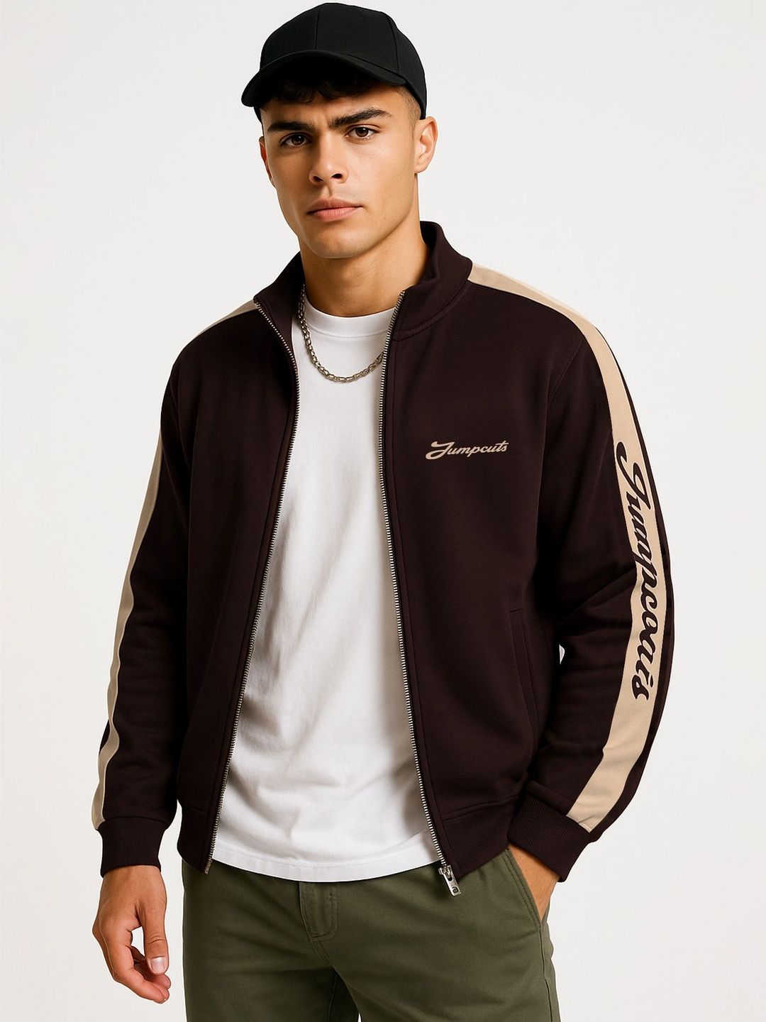 JUMPCUTS Men Typography Colourblocked Fleece Open Front Jacket