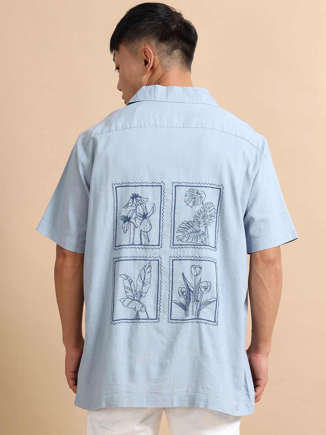 Buy StitchX Men's Stone Blue Half Sleeve Embroidered Oversized
