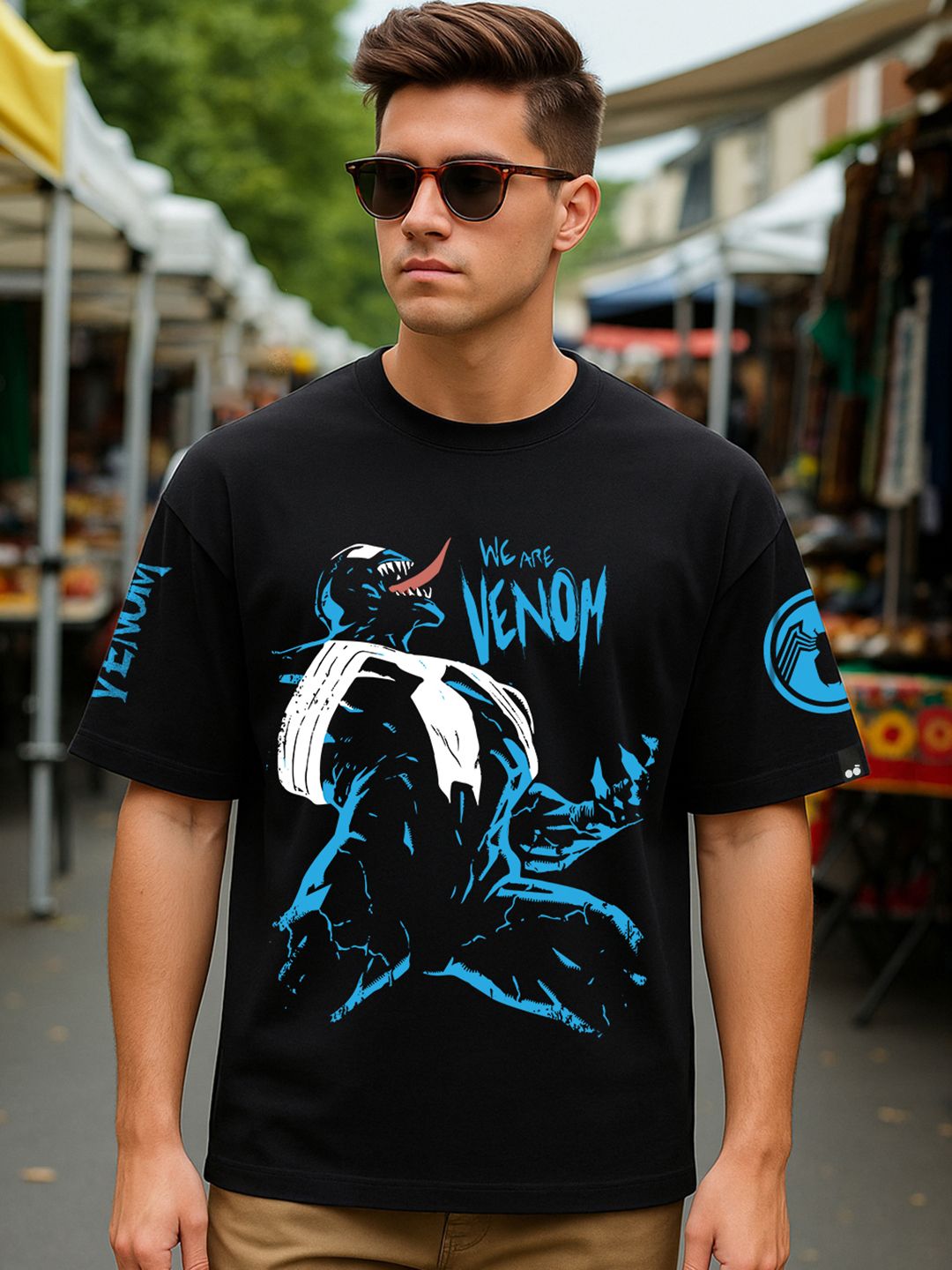 Bewakoof Men Venom Graphic Printed Round Neck Cotton Oversized T-shirt