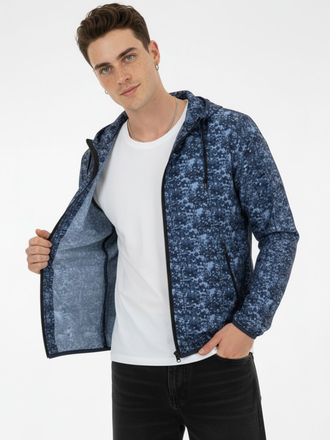 glitchez Abstract Printed Hooded Windcheater Bomber Jacket