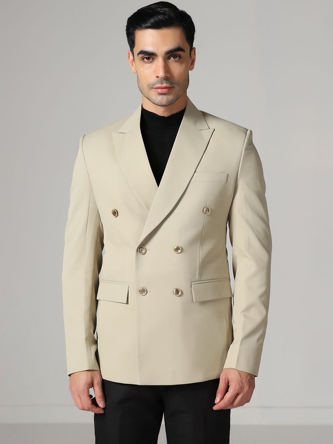 TAHVO Men Peaked Lapel Double Breasted Double Vent Blazer With Pockets