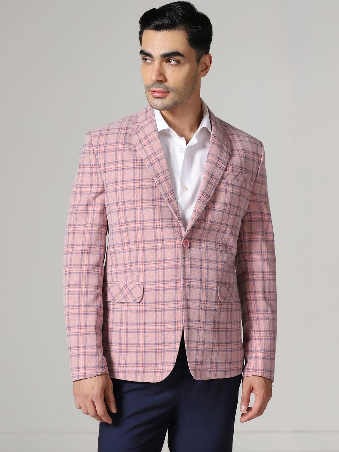 TAHVO Men Checked Single Breasted Double Vent Blazer with Two Pockets