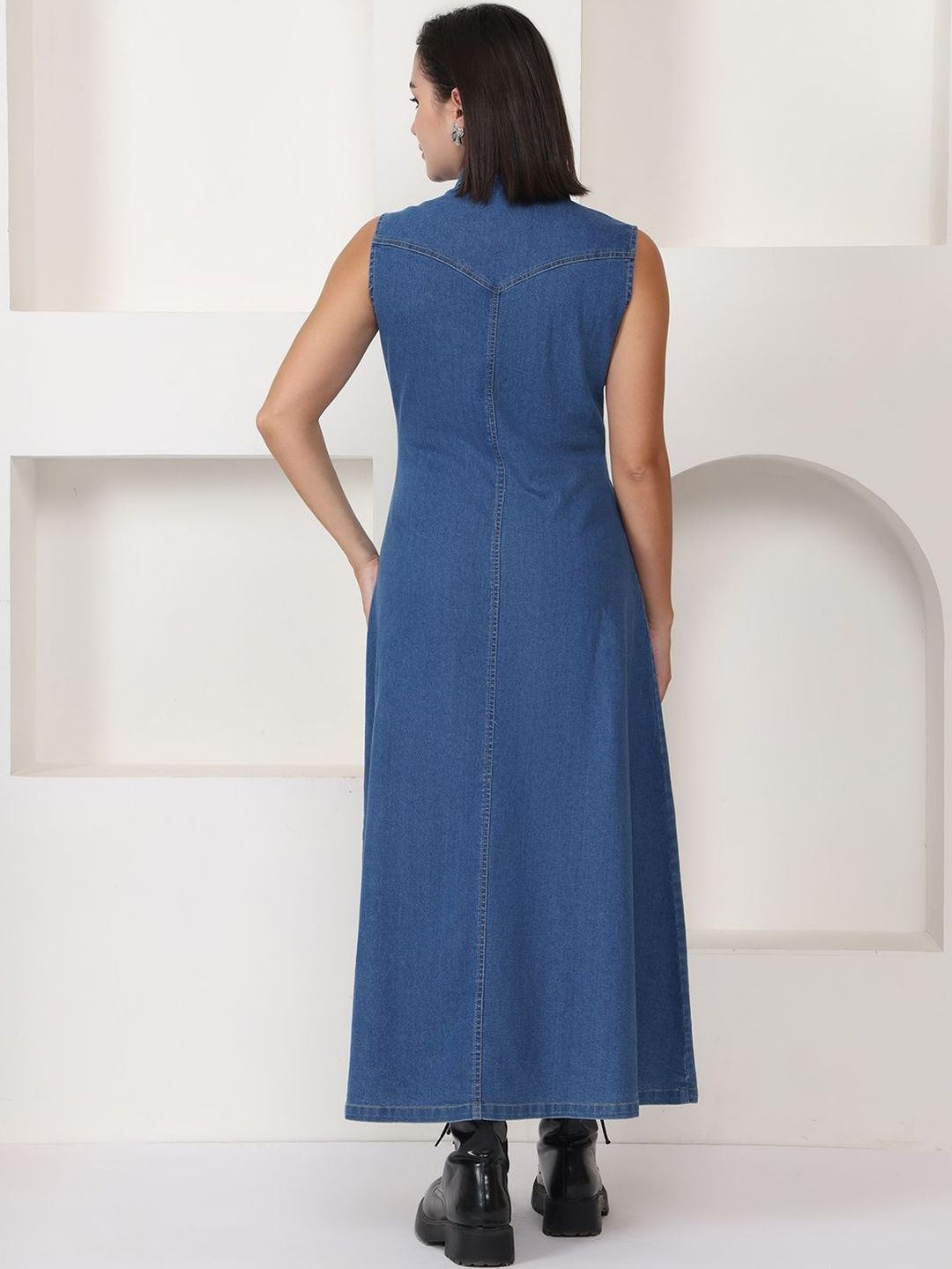 chinese dress ladies PUELLA Blue Solid Denim Sheath Maxi Dress – Puella main image 1
