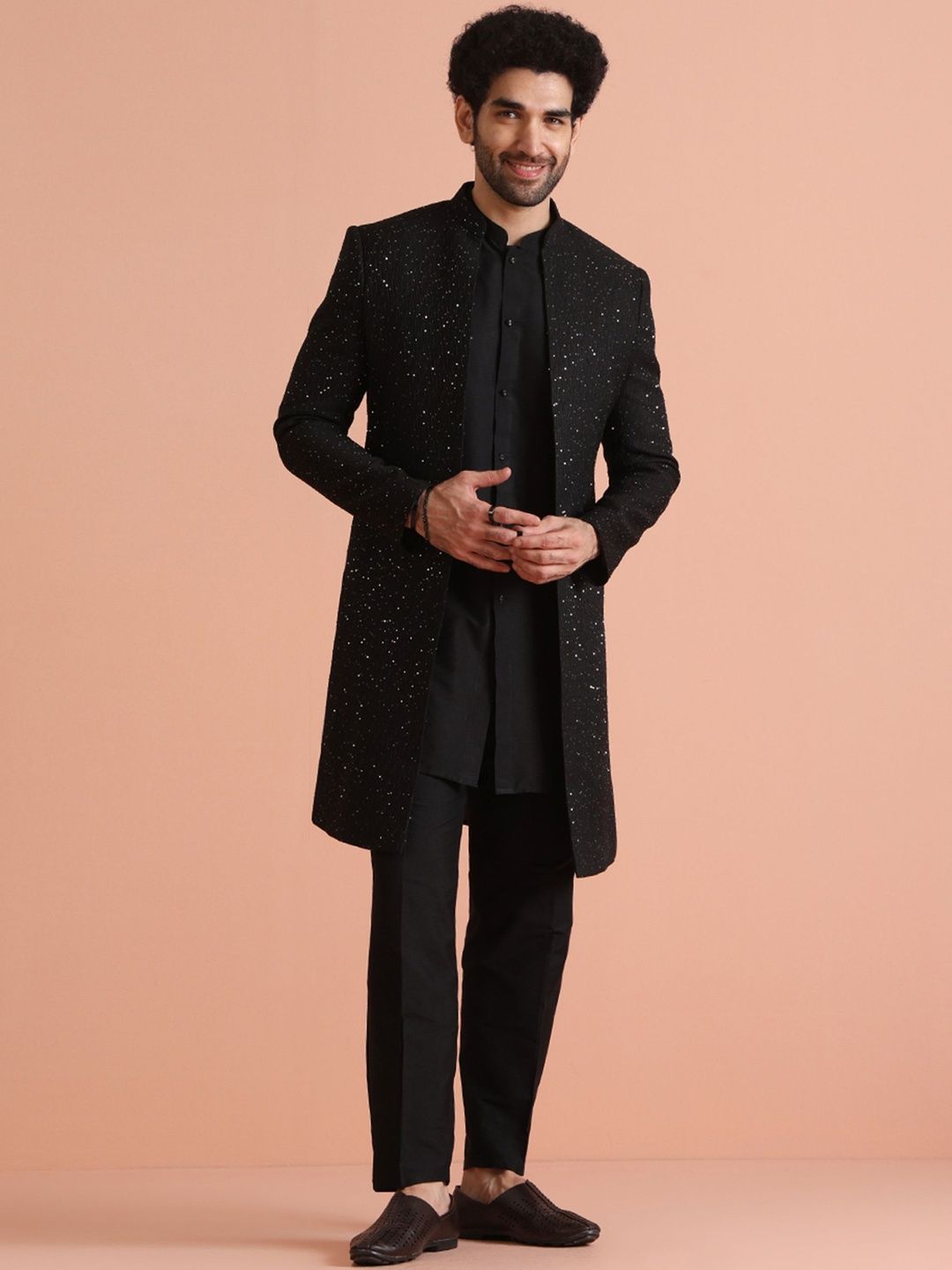 KISAH Men Black Embellished Mid Kurta Indowestern Sherwani Trouser Set