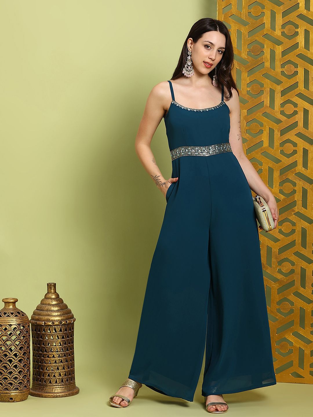 Globus Scoop Neck Shoulder Straps Embroidered Detail Georgette Flared Festive Jumpsuit
