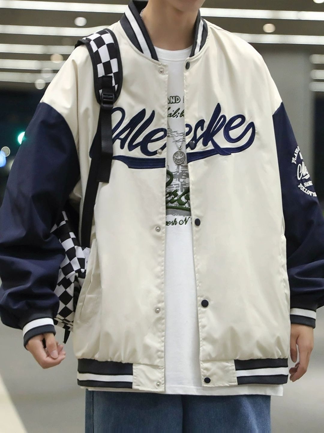 KPOP Men Typography Colourblocked Varsity Jacket