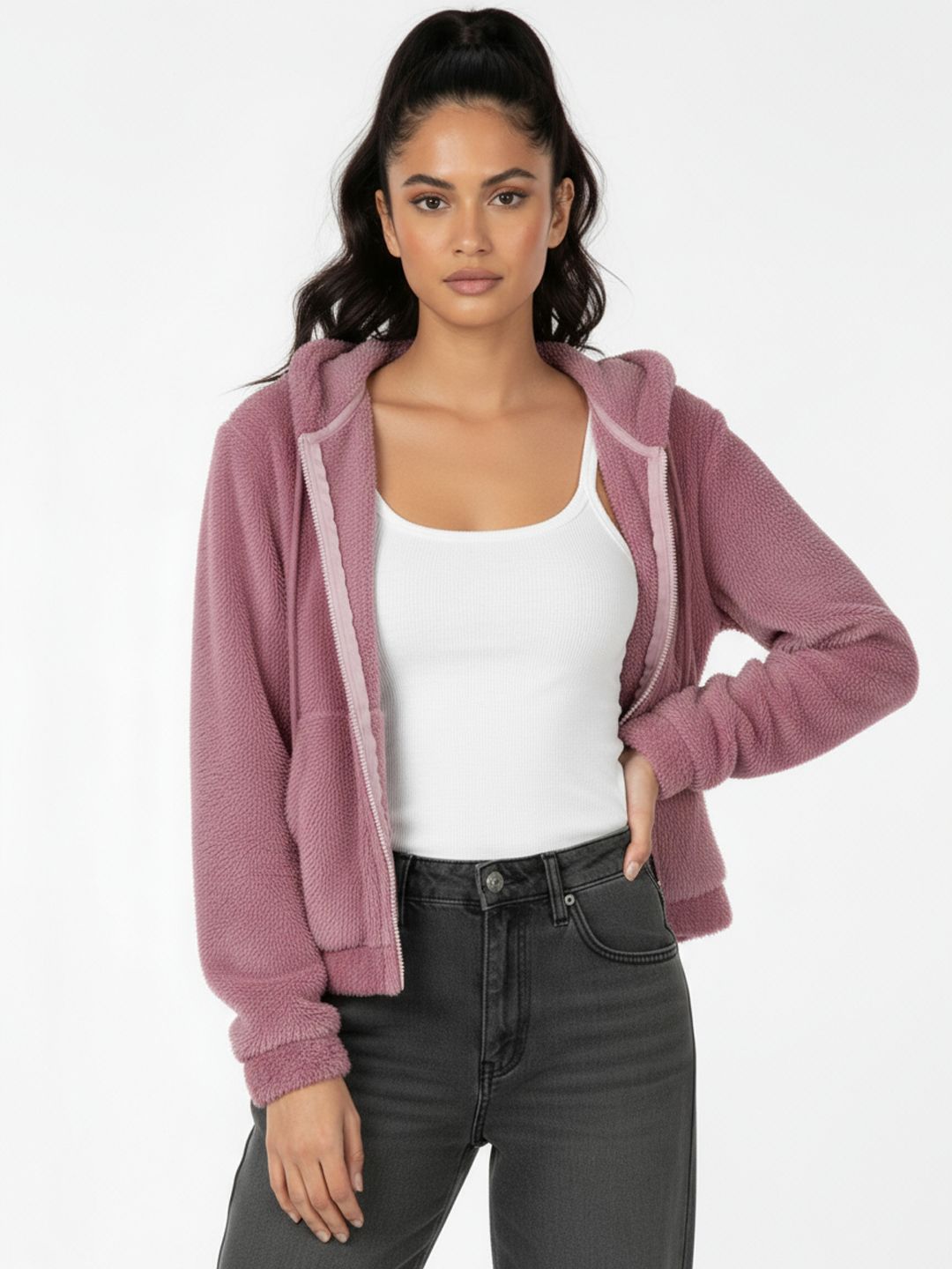 glitchez Hooded Relaxed Fit Fur Bomber Jacket